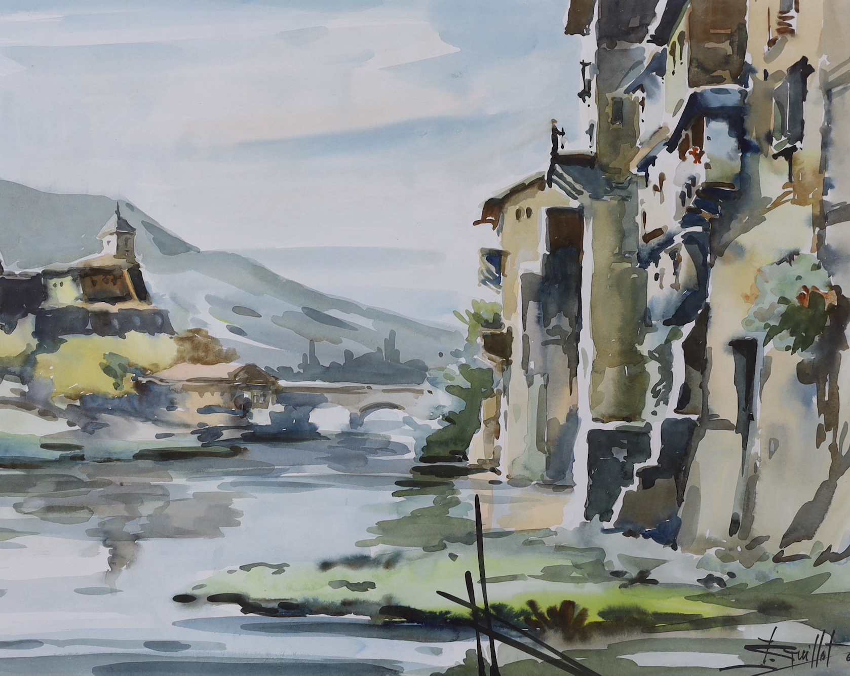 Javier Varela Guillot, two watercolours, Northern Spanish town scenes, signed, 49 x 65cm